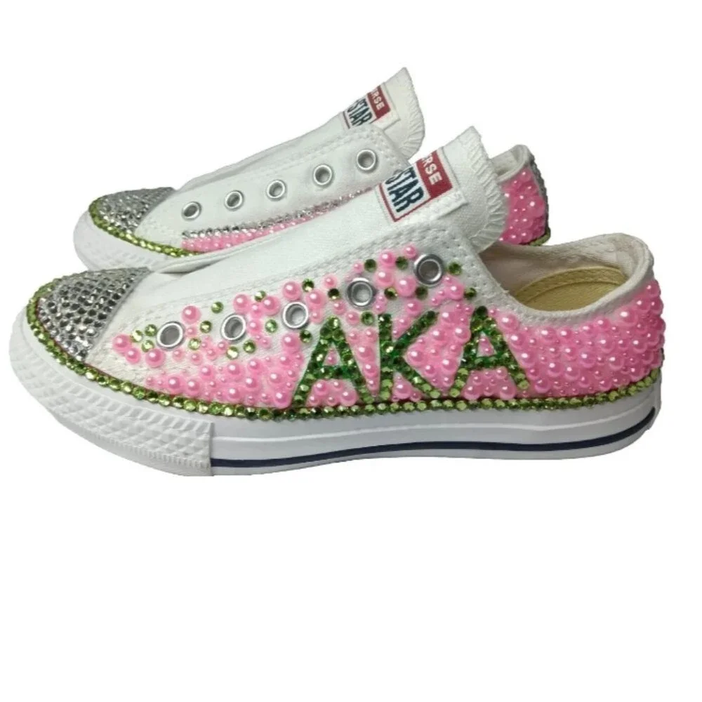 Alpha Kappa Alpha Bling Sneakers Custom Converse Beads Rhinestones Girls Size 13